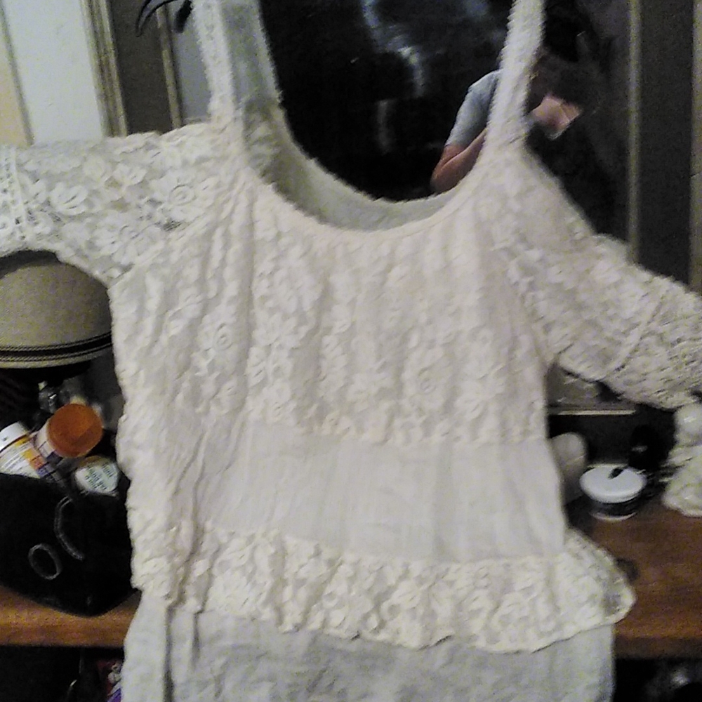 White embroidered lace trim cold shoulder top